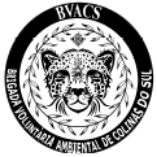 Logotipo em preto e branco da BVACS – Brigada Voluntária Ambiental de Colinas do Sul. Ao centro, o rosto de uma onça-pintada é rodeado por ramos e uma moldura circular. O nome da brigada está escrito na borda externa superior e inferior do círculo.